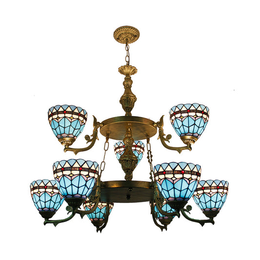 Stained Glass Bowl Hanging Ceiling Light 9 Lights Baroque Chandelier Lighting in Blue for Hallway Clearhalo 'Ceiling Lights' 'Chandeliers' 'Industrial' 'Middle Century Chandeliers' 'Tiffany Chandeliers' 'Tiffany close to ceiling' 'Tiffany' Lighting' 178269