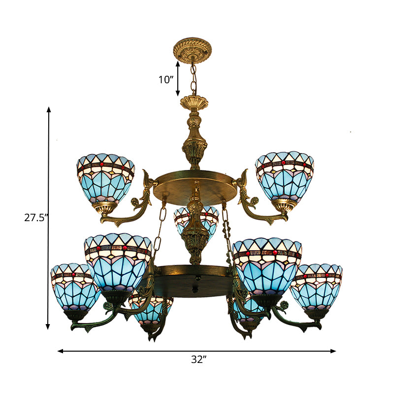 Stained Glass Bowl Hanging Ceiling Light 9 Lights Baroque Chandelier Lighting in Blue for Hallway Clearhalo 'Ceiling Lights' 'Chandeliers' 'Industrial' 'Middle Century Chandeliers' 'Tiffany Chandeliers' 'Tiffany close to ceiling' 'Tiffany' Lighting' 178270