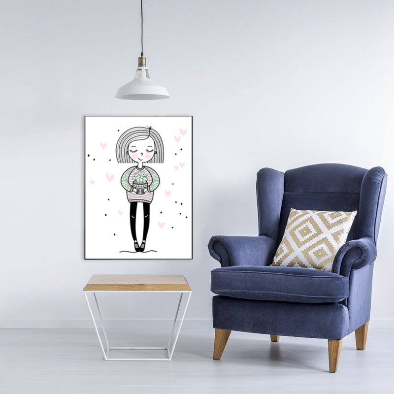 Pink Girl with Potting Wall Decor Figure Children's Art Textured Canvas Print for Room Clearhalo 'Art Gallery' 'Canvas Art' 'Kids' Arts' 1782734