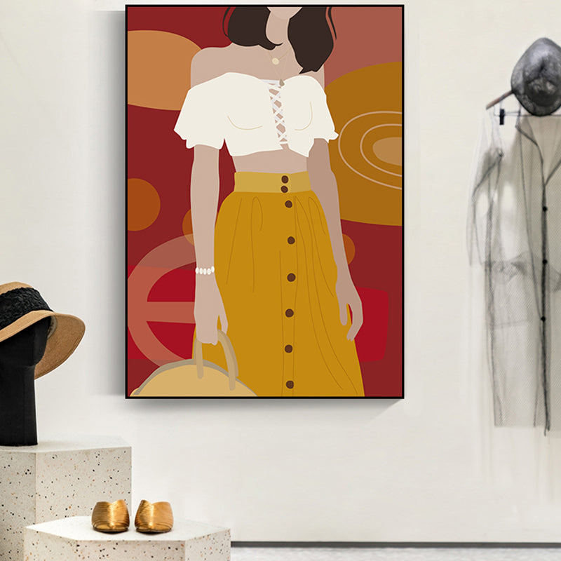 Illustration Girls Dress Wall Art Glam Cool Fashion Canvas Print in Soft Color for Room Yellow Clearhalo 'Arts' 'Canvas Art' 1782783