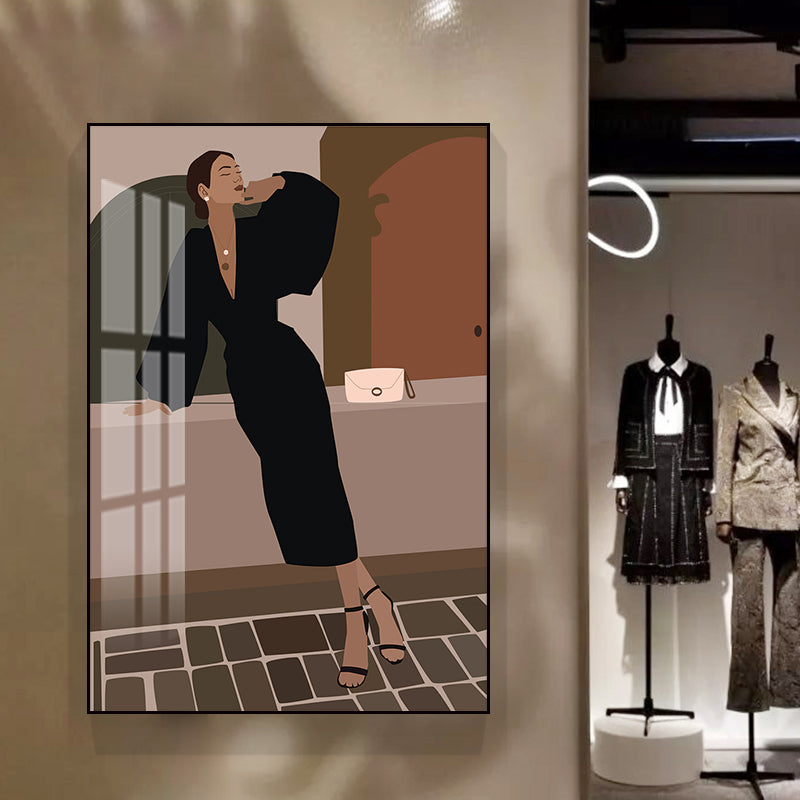 Illustration Girls Dress Wall Art Glam Cool Fashion Canvas Print in Soft Color for Room Black Clearhalo 'Arts' 'Canvas Art' 1782795