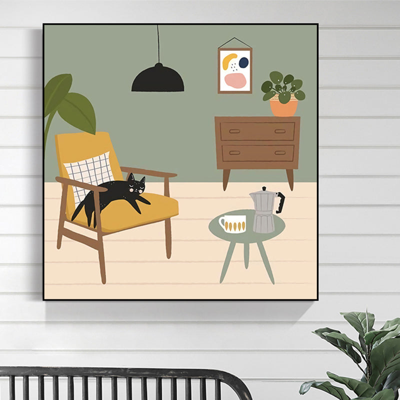 Groene Noordse canvas illustratie kat liggend op stoelwand kunst print voor woonkamer