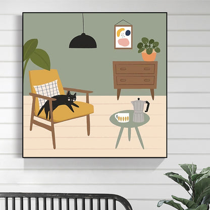 Green Nordic Canvas Illustration Cat Lying on Chair Wall Art Print for Living Room Green Clearhalo 'Arts' 'Canvas Art' 1782829