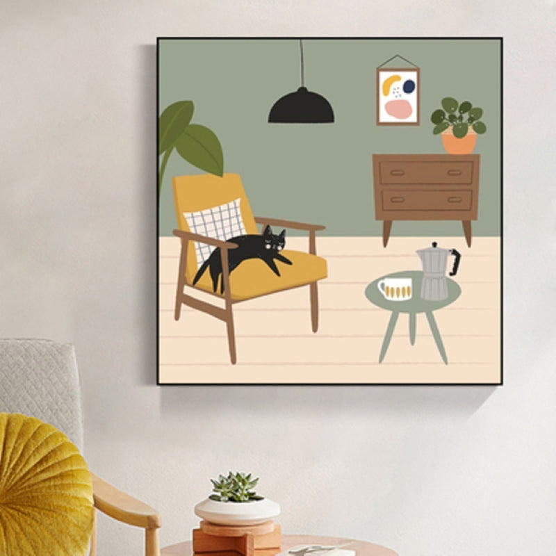 Green Nordic Canvas Illustration Cat Lying on Chair Wall Art Print for Living Room Clearhalo 'Arts' 'Canvas Art' 1782830