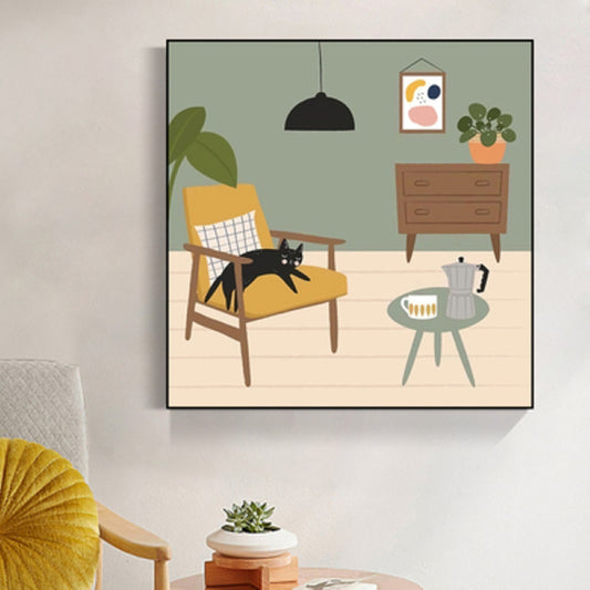 Groene Noordse canvas illustratie kat liggend op stoelwand kunst print voor woonkamer