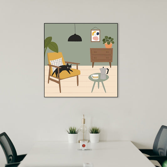 Grüne nordische Leinwand Illustration Katze auf dem Stuhl Wandkunstdruck für Wohnzimmer liegt