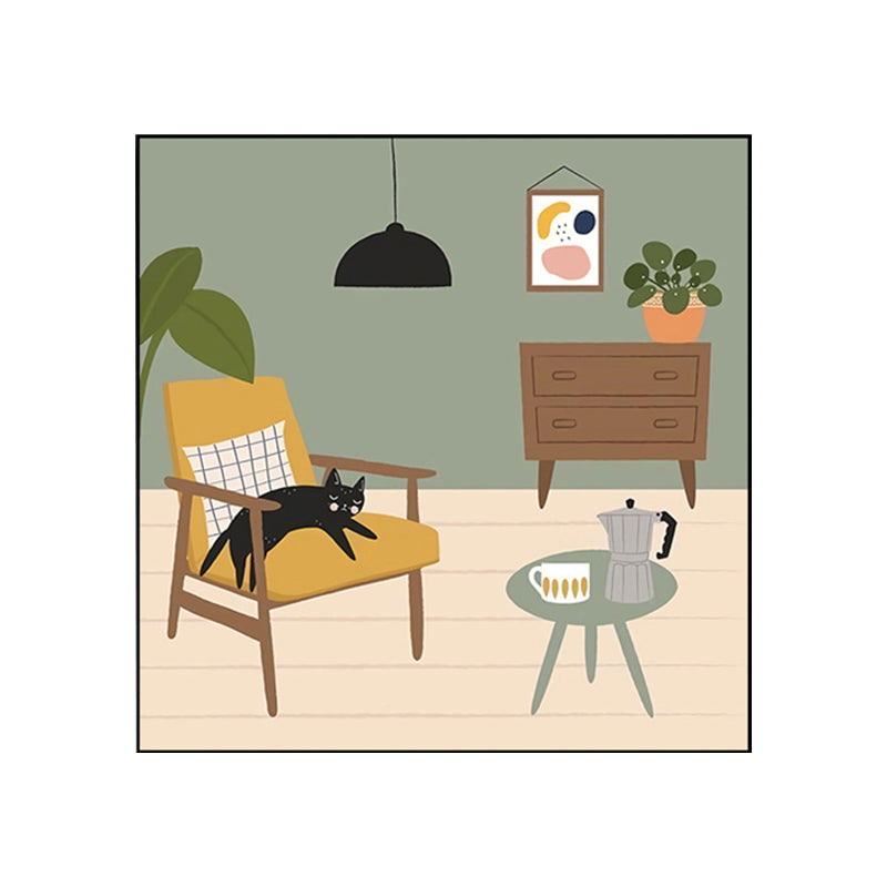 Green Nordic Tela Illustration Cat Gatto sdraiato sulla sedia Wall Art Print per soggiorno