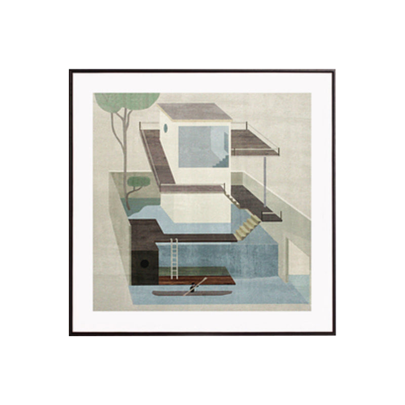 Housing Architecture Art Print Nordic Textured Wall Decor in Pastel Color for Bedroom