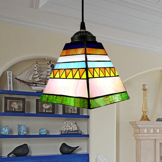 Yellow/Pink Pyramid Hanging Pendant Light Tiffany 1 Bulb Stained Art Glass Ceiling Hang Fixture for Hallway Pink Clearhalo 'Ceiling Lights' 'Chandeliers' 'Industrial' 'Middle Century Pendants' 'Pendant Lights' 'Pendants' 'Tiffany close to ceiling' 'Tiffany Pendants' 'Tiffany' Lighting' 178296