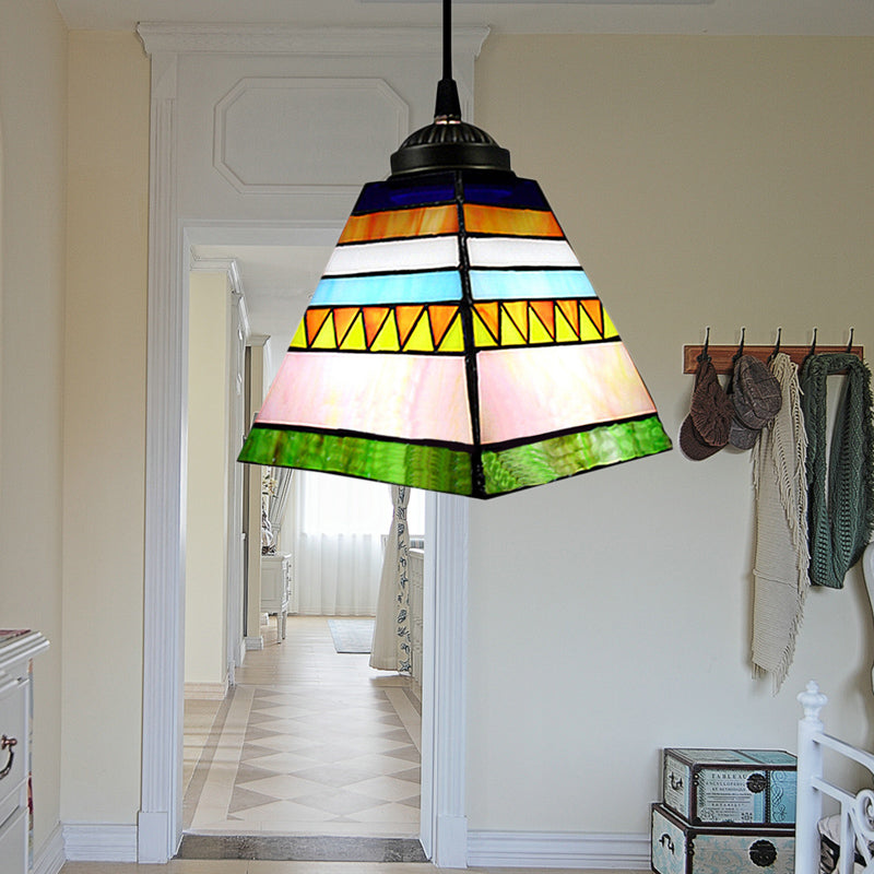 Yellow/Pink Pyramid Hanging Pendant Light Tiffany 1 Bulb Stained Art Glass Ceiling Hang Fixture for Hallway Clearhalo 'Ceiling Lights' 'Chandeliers' 'Industrial' 'Middle Century Pendants' 'Pendant Lights' 'Pendants' 'Tiffany close to ceiling' 'Tiffany Pendants' 'Tiffany' Lighting' 178297
