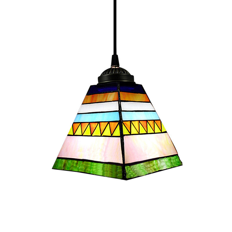 Yellow/Pink Pyramid Hanging Pendant Light Tiffany 1 Bulb Stained Art Glass Ceiling Hang Fixture for Hallway Clearhalo 'Ceiling Lights' 'Chandeliers' 'Industrial' 'Middle Century Pendants' 'Pendant Lights' 'Pendants' 'Tiffany close to ceiling' 'Tiffany Pendants' 'Tiffany' Lighting' 178298