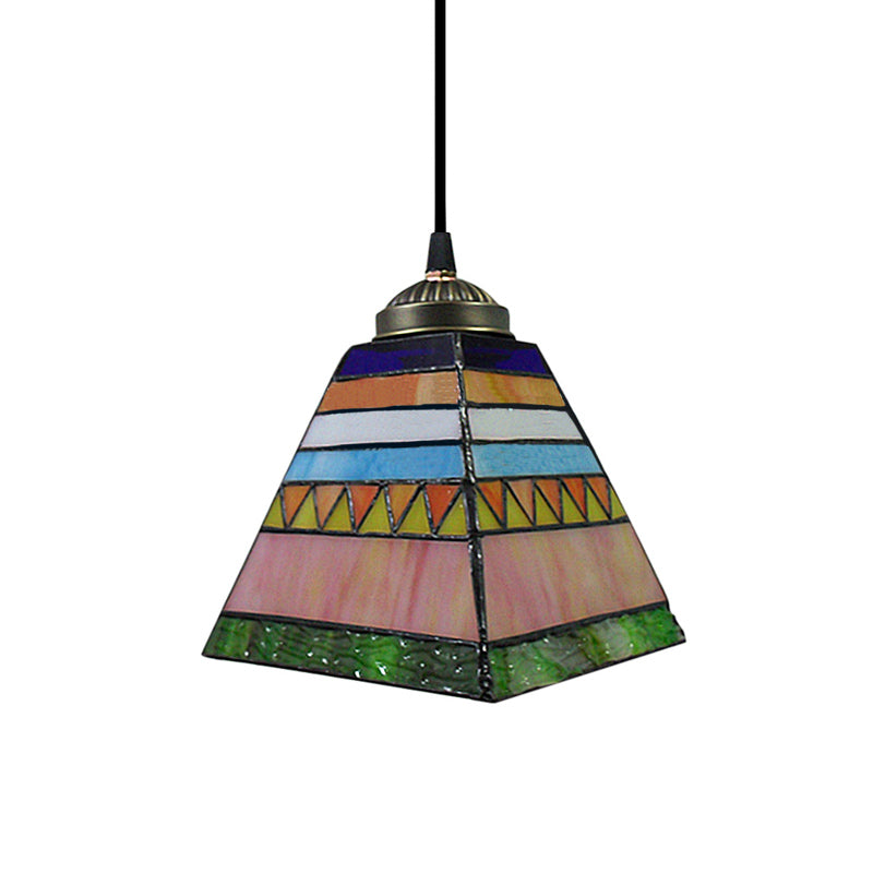 Yellow/Pink Pyramid Hanging Pendant Light Tiffany 1 Bulb Stained Art Glass Ceiling Hang Fixture for Hallway Clearhalo 'Ceiling Lights' 'Chandeliers' 'Industrial' 'Middle Century Pendants' 'Pendant Lights' 'Pendants' 'Tiffany close to ceiling' 'Tiffany Pendants' 'Tiffany' Lighting' 178300
