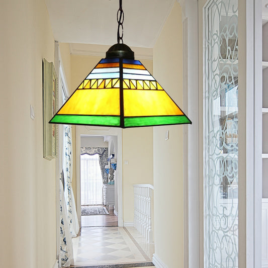 Yellow/Pink Pyramid Hanging Pendant Light Tiffany 1 Bulb Stained Art Glass Ceiling Hang Fixture for Hallway Yellow Clearhalo 'Ceiling Lights' 'Chandeliers' 'Industrial' 'Middle Century Pendants' 'Pendant Lights' 'Pendants' 'Tiffany close to ceiling' 'Tiffany Pendants' 'Tiffany' Lighting' 178301