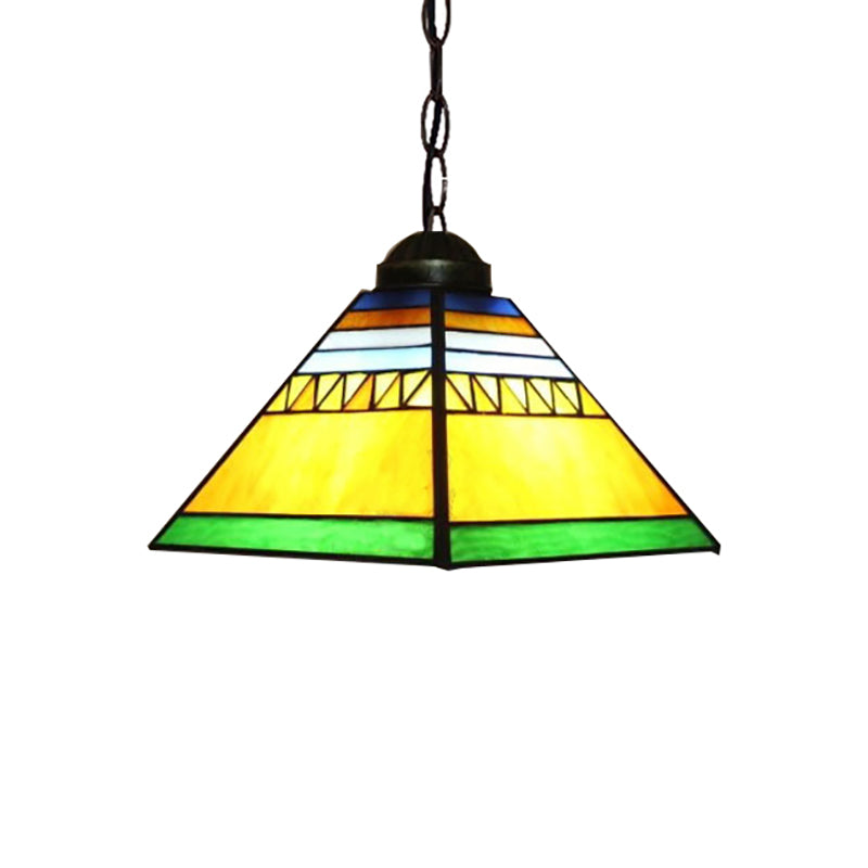 Yellow/Pink Pyramid Hanging Pendant Light Tiffany 1 Bulb Stained Art Glass Ceiling Hang Fixture for Hallway Clearhalo 'Ceiling Lights' 'Chandeliers' 'Industrial' 'Middle Century Pendants' 'Pendant Lights' 'Pendants' 'Tiffany close to ceiling' 'Tiffany Pendants' 'Tiffany' Lighting' 178302