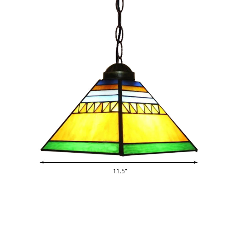 Yellow/Pink Pyramid Hanging Pendant Light Tiffany 1 Bulb Stained Art Glass Ceiling Hang Fixture for Hallway Clearhalo 'Ceiling Lights' 'Chandeliers' 'Industrial' 'Middle Century Pendants' 'Pendant Lights' 'Pendants' 'Tiffany close to ceiling' 'Tiffany Pendants' 'Tiffany' Lighting' 178303