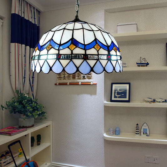 Domed Shade Living Room Suspension Light Stained Glass Traditional Tiffany Hanging Light in Blue Blue Clearhalo 'Ceiling Lights' 'Industrial' 'Middle Century Pendants' 'Pendant Lights' 'Pendants' 'Tiffany close to ceiling' 'Tiffany Pendants' 'Tiffany' Lighting' 178304