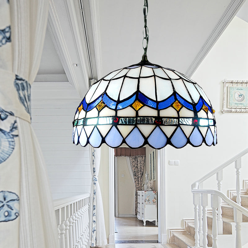 Domed Shade Living Room Suspension Light Stained Glass Traditional Tiffany Hanging Light in Blue Clearhalo 'Ceiling Lights' 'Industrial' 'Middle Century Pendants' 'Pendant Lights' 'Pendants' 'Tiffany close to ceiling' 'Tiffany Pendants' 'Tiffany' Lighting' 178305