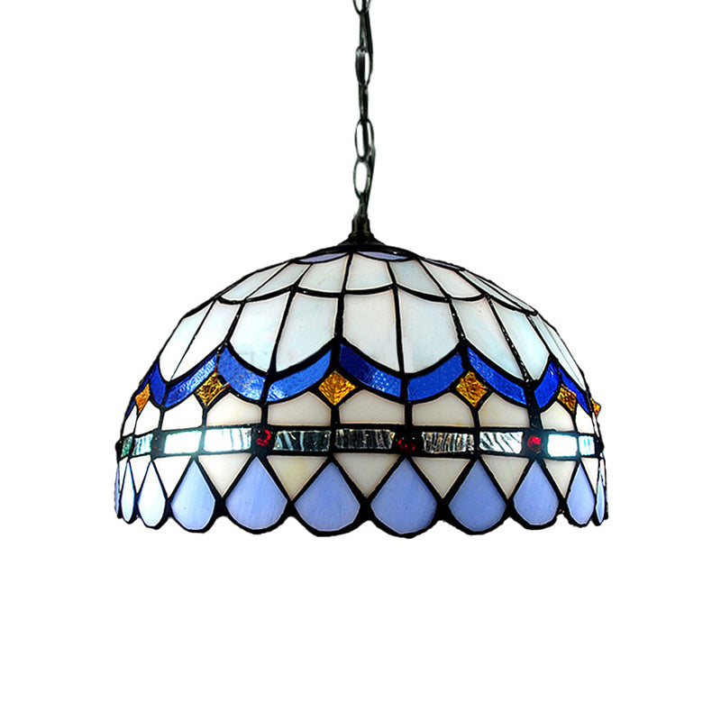 Domed Shade Living Room Suspension Light Stained Glass Traditional Tiffany Hanging Light in Blue Clearhalo 'Ceiling Lights' 'Industrial' 'Middle Century Pendants' 'Pendant Lights' 'Pendants' 'Tiffany close to ceiling' 'Tiffany Pendants' 'Tiffany' Lighting' 178306