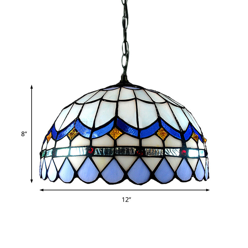 Domed Shade Living Room Suspension Light Stained Glass Traditional Tiffany Hanging Light in Blue Clearhalo 'Ceiling Lights' 'Industrial' 'Middle Century Pendants' 'Pendant Lights' 'Pendants' 'Tiffany close to ceiling' 'Tiffany Pendants' 'Tiffany' Lighting' 178307