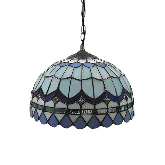 Domed Shade Living Room Suspension Light Stained Glass Traditional Tiffany Hanging Light in Blue Clearhalo 'Ceiling Lights' 'Industrial' 'Middle Century Pendants' 'Pendant Lights' 'Pendants' 'Tiffany close to ceiling' 'Tiffany Pendants' 'Tiffany' Lighting' 178308