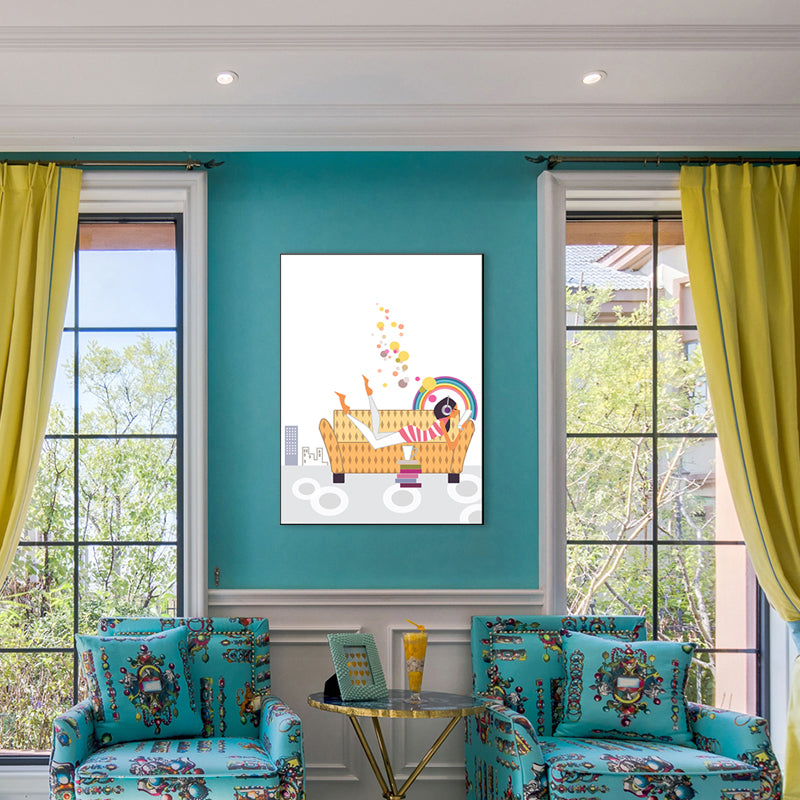 Girl with Headphones Canvas Print Textured Scandinavian House Interior Wall Art Decor Yellow Clearhalo 'Arts' 'Canvas Art' 1783094