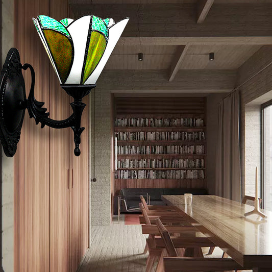 Stained Glass Cone Wall Light Study Room 1 Head Tiffany Stylish Antique Wall Lamp in Green Green Clearhalo 'Industrial' 'Middle century wall lights' 'Tiffany wall lights' 'Tiffany' 'Wall Lamps & Sconces' 'Wall Lights' Lighting' 178309