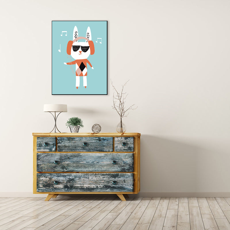 Cat with Headset Canvas Wall Art Green Kids Style Painting for Dining Room, Multiple Sizes Clearhalo 'Art Gallery' 'Canvas Art' 'Kids' Arts' 1783106