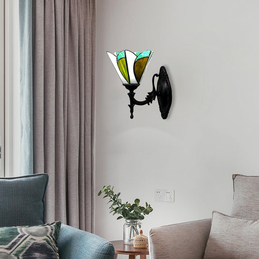 Stained Glass Cone Wall Light Study Room 1 Head Tiffany Stylish Antique Wall Lamp in Green Clearhalo 'Industrial' 'Middle century wall lights' 'Tiffany wall lights' 'Tiffany' 'Wall Lamps & Sconces' 'Wall Lights' Lighting' 178310