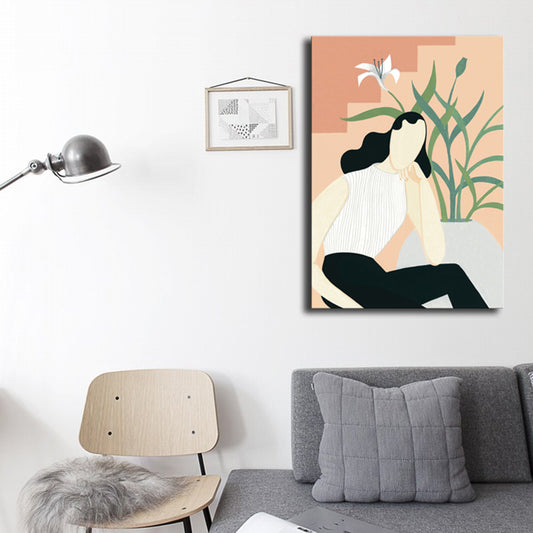 Soft Color Fashionable Girl Art Print Textured Nordic Dining Room Canvas, Multiple Sizes Pink