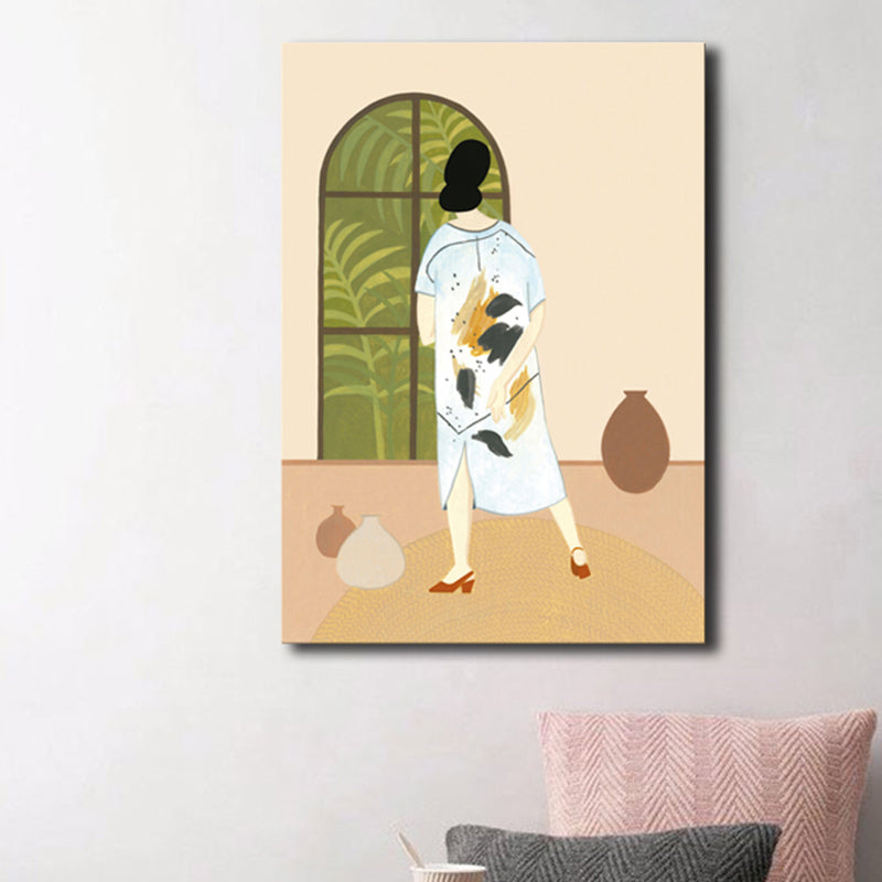 Soft Color Fashionable Girl Art Print Textured Nordic Dining Room Canvas, Multiple Sizes Orange Clearhalo 'Arts' 'Canvas Art' 1783122