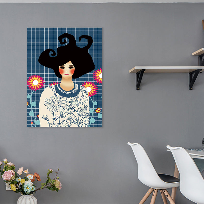 Illustration Undercover Maid Canvas Print Living Room Fashion Wall Art in Pastel Color Blue Clearhalo 'Arts' 'Canvas Art' 1783130
