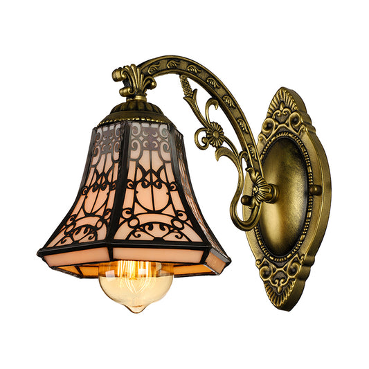 Art Glass Bell Wall Light with Carved Arm 1 Head Vintage Tiffany Wall Lamp in Black for Outdoor Clearhalo 'Industrial' 'Middle century wall lights' 'Tiffany wall lights' 'Tiffany' 'Wall Lamps & Sconces' 'Wall Lights' Lighting' 178315