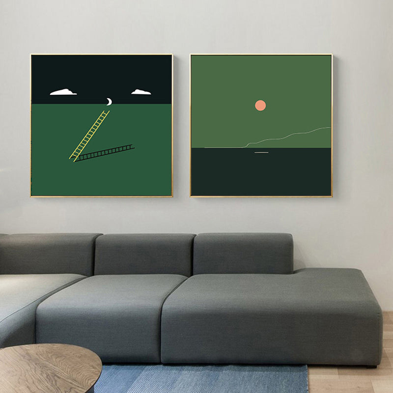 Groen minimalisme muur kunst illustratie landschap canvas print voor huis interieur, meerdere maten
