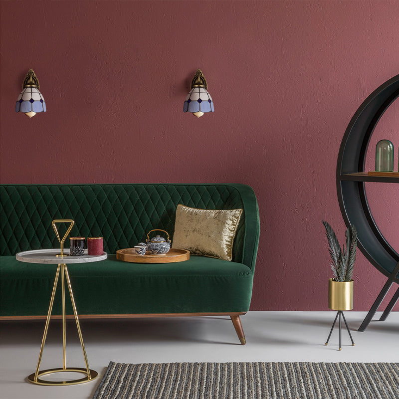 Vintage Style Grid Dome Wall Sconce 1 Bulb Art Glass Wall Lamp with Curved Arm in Blue for Bathroom Clearhalo 'Industrial' 'Middle century wall lights' 'Tiffany wall lights' 'Tiffany' 'Wall Lamps & Sconces' 'Wall Lights' Lighting' 178320