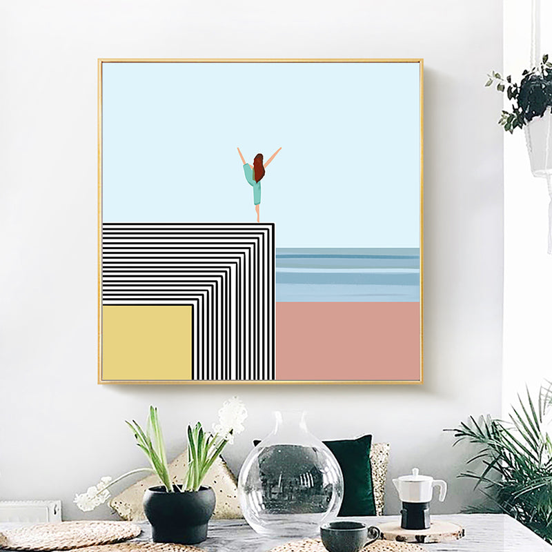 Nordic Morning Yoga Canvas Art Blue-Orange Beach Scenery Wall Decor for House Interior Blue Clearhalo 'Arts' 'Canvas Art' 1783206