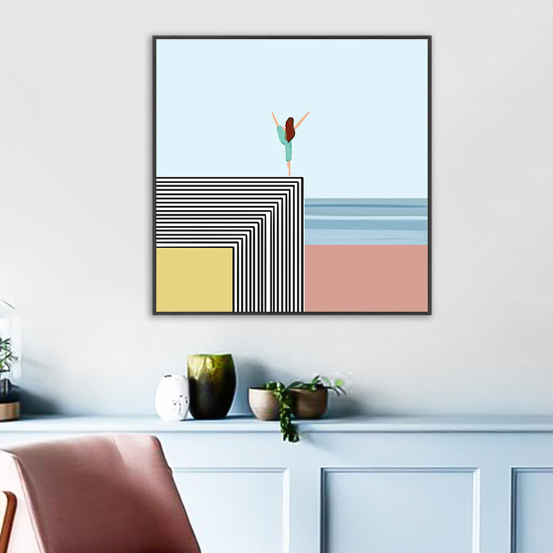 Nordic Morning Yoga Canvas Art Blue-Orange Beach Scenery Wall Decor for House Interior Clearhalo 'Arts' 'Canvas Art' 1783207