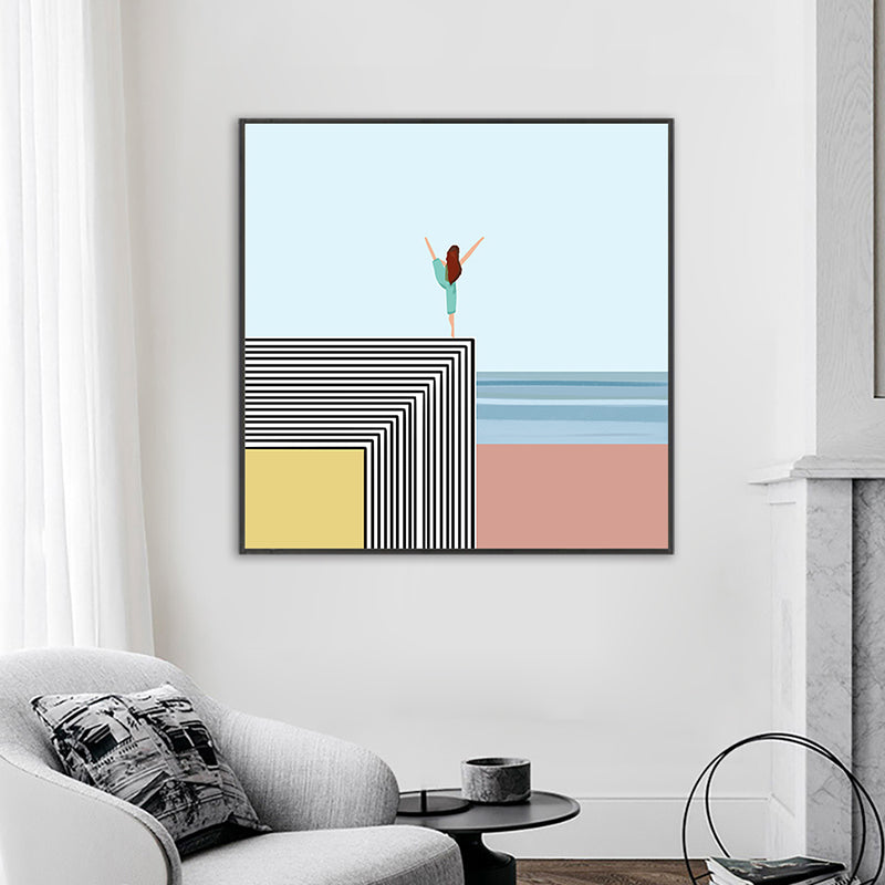 Nordic Morning Yoga Canvas Art Blue-Orange Beach Scenery Wall Decor for House Interior Clearhalo 'Arts' 'Canvas Art' 1783208