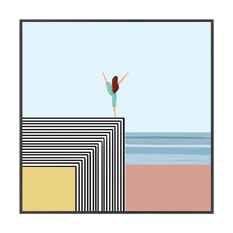 Nordic Morning Yoga Canvas Art Blue-Orange Beach Scenery Wall Decor for House Interior Clearhalo 'Arts' 'Canvas Art' 1783209