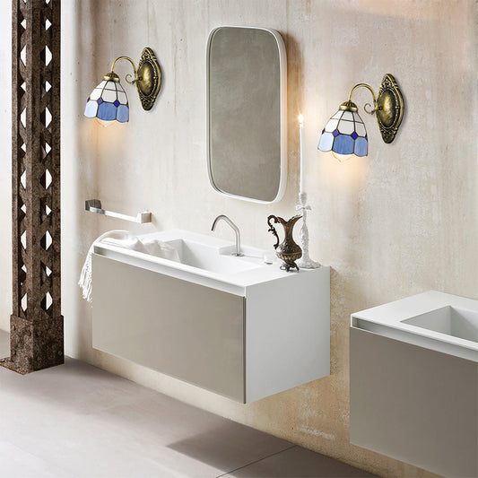 Vintage Style Grid Dome Wall Sconce 1 Bulb Art Glass Wall Lamp with Curved Arm in Blue for Bathroom Clearhalo 'Industrial' 'Middle century wall lights' 'Tiffany wall lights' 'Tiffany' 'Wall Lamps & Sconces' 'Wall Lights' Lighting' 178321