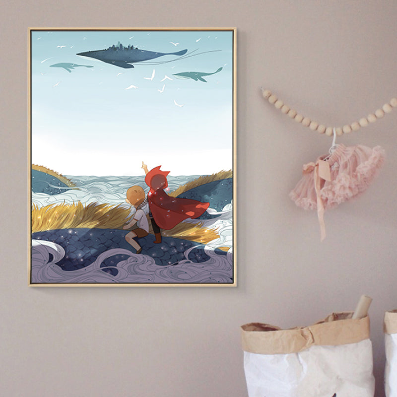 Fantasy Flying Whale Wall Art Cartoon Canvas Print Wall Decor in Blue for Nursery Blue Clearhalo 'Art Gallery' 'Canvas Art' 'Kids' Arts' 1783238