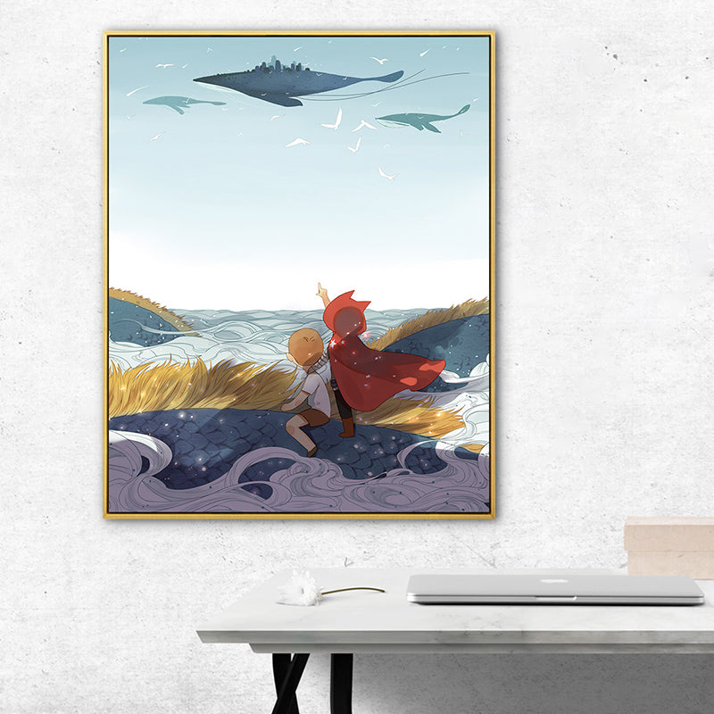 Fantasy Flying Whale Wall Art Cartoon Canvas Print Wall Decor in Blue for Nursery Clearhalo 'Art Gallery' 'Canvas Art' 'Kids' Arts' 1783239