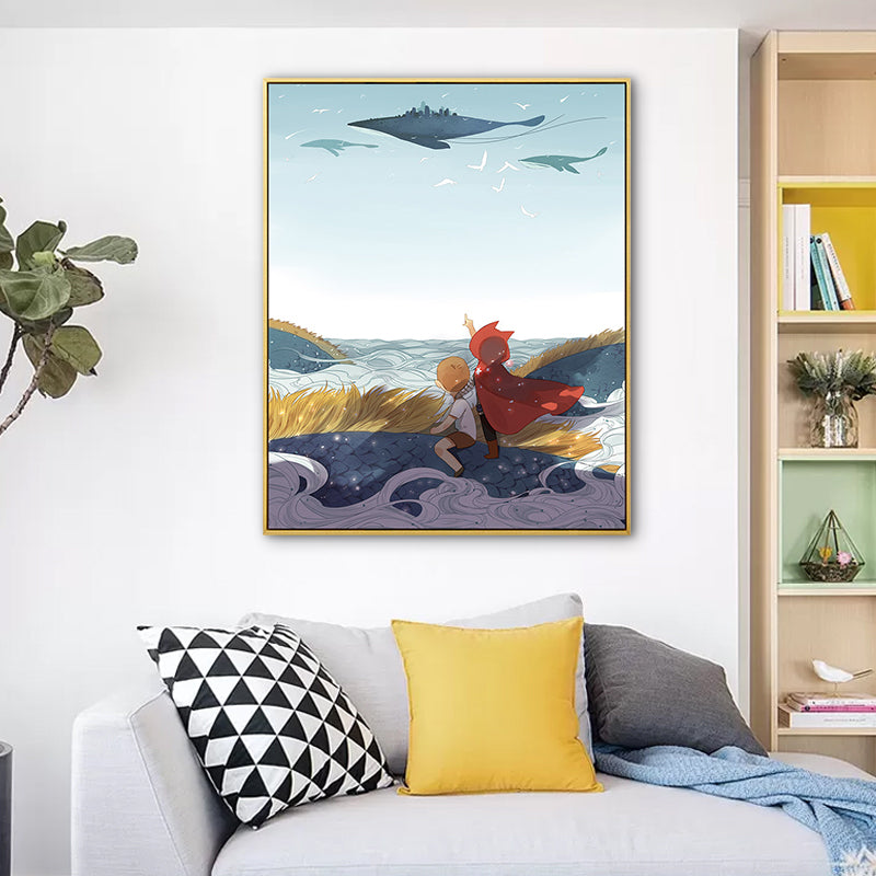 Fantasy Flying Whale Wall Art Cartoon Canvas Print Wall Decor in Blue for Nursery Clearhalo 'Art Gallery' 'Canvas Art' 'Kids' Arts' 1783240