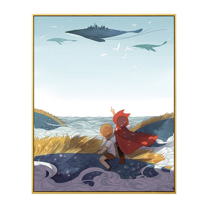 Fantasy Flying Whale Wall Art Cartoon Canvas Print Wall Decor in Blue for Nursery Clearhalo 'Art Gallery' 'Canvas Art' 'Kids' Arts' 1783241