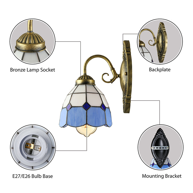 Vintage Style Grid Dome Wall Sconce 1 Bulb Art Glass Wall Lamp with Curved Arm in Blue for Bathroom Clearhalo 'Industrial' 'Middle century wall lights' 'Tiffany wall lights' 'Tiffany' 'Wall Lamps & Sconces' 'Wall Lights' Lighting' 178326