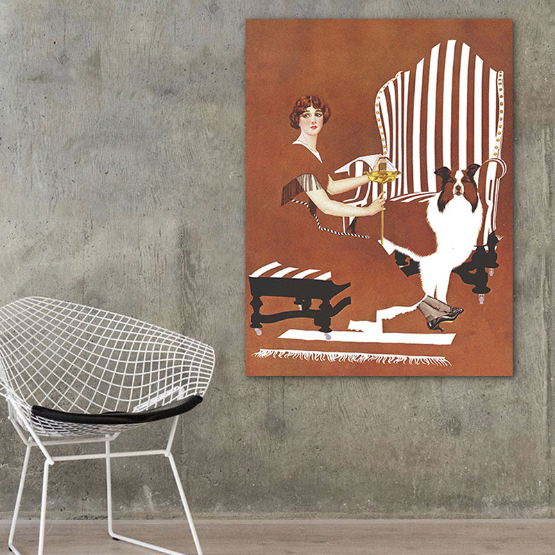 Brown Traditional Art Print Illustration Housewife and Her Dog Drawing Canvas for Home Brown Clearhalo 'Art Gallery' 'Canvas Art' 'Traditional' Arts' 1783275