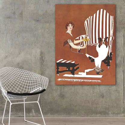 Brown Traditional Art Print Illustration Housewife and Her Dog Drawing Canvas for Home Brown Clearhalo 'Art Gallery' 'Canvas Art' 'Traditional' Arts' 1783275