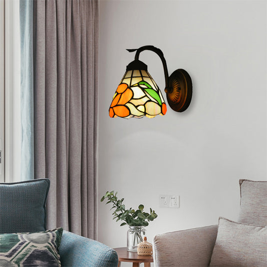 Rustic Tiffany Blossom Wall Light with Bird Stained Glass 1 Head Orange Wall Lamp for Dining Room Clearhalo 'Industrial' 'Middle century wall lights' 'Tiffany wall lights' 'Tiffany' 'Wall Lamps & Sconces' 'Wall Lights' Lighting' 178328