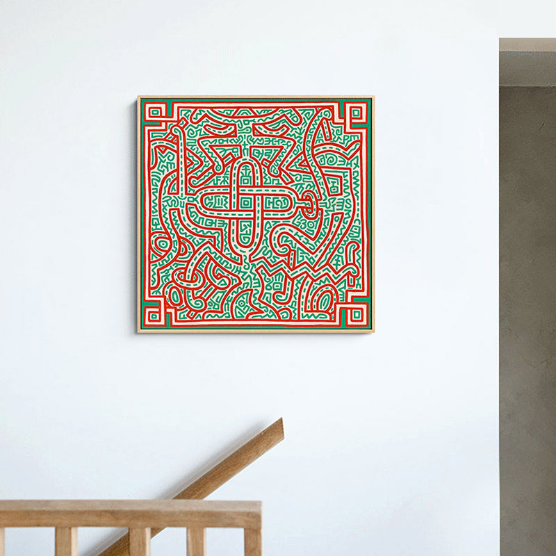 Novelty Maze Linework Wall Art Boys Bedroom Abstract Canvas Print in Green and Orange Green Clearhalo 'Arts' 'Canvas Art' 1783299