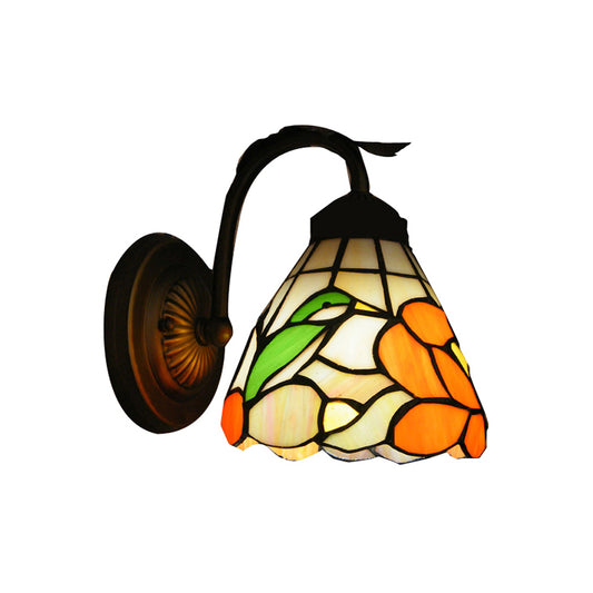 Rustic Tiffany Blossom Wall Light with Bird Stained Glass 1 Head Orange Wall Lamp for Dining Room Clearhalo 'Industrial' 'Middle century wall lights' 'Tiffany wall lights' 'Tiffany' 'Wall Lamps & Sconces' 'Wall Lights' Lighting' 178329