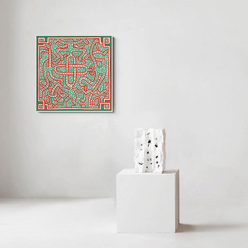 Novelty Maze Linework Wall Art Boys Bedroom Abstract Canvas Print in Green and Orange
